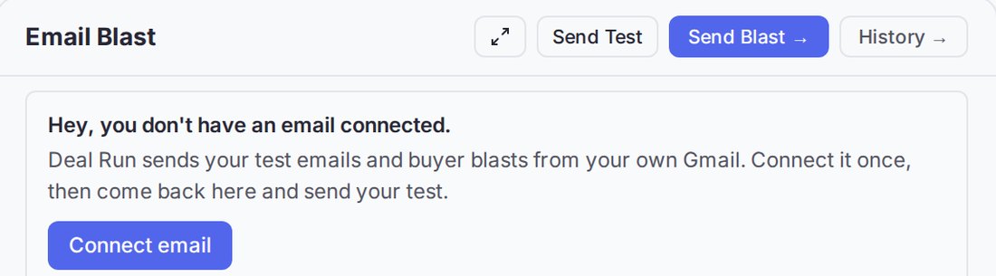The Email Blast panel with the message 'Hey, you don't have an email connected' and a Connect email button