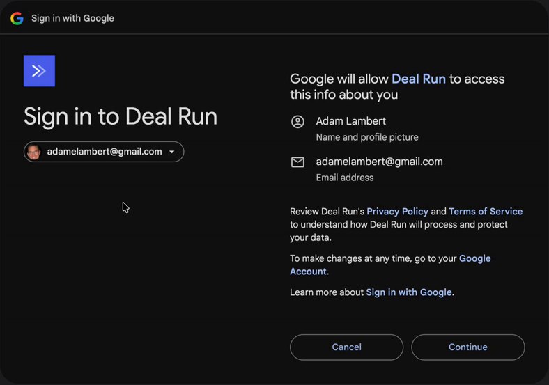 Google's Sign in to Deal Run screen showing the account, name and email address, with Cancel and Continue buttons